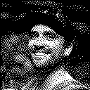 Black-and-white dithered portrait of Ian Montgomery